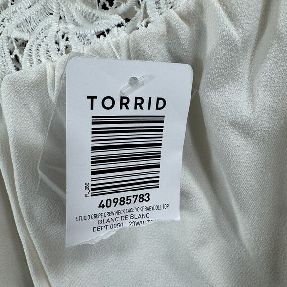 Torrid Studio Crepe Blouse Women's 4 Ivory Lace Babydoll Crew Neck Yoke - Picture 4 of 8